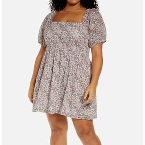 BP. Small Shirred Puff Sleeve Cotton Prairie Dress Ivory Floral‎ Pink